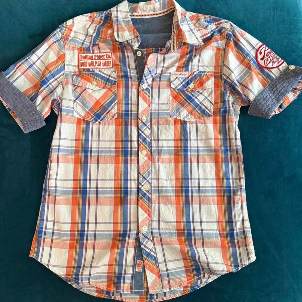 Rolling Paper Brand Plaid Workwear‎ Button-Up Shirt Y2K Retro Western - Picture 2 of 8